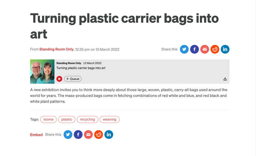 Podcast: 'Turning plastic carrier bags into art', interview with Kathryn Tsui on RNZ, 2022