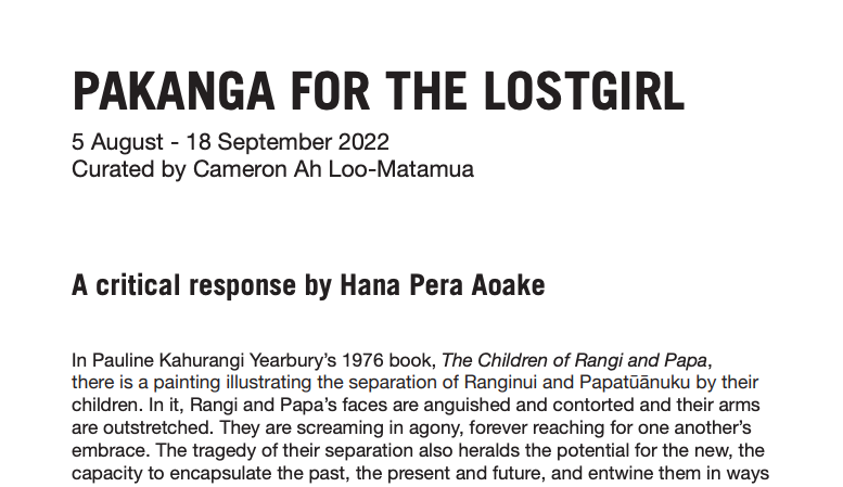 Article: 'PAKANGA FOR THE LOST GIRL: A critical response by Hana Pera Aoake', The Physics Room, 2022