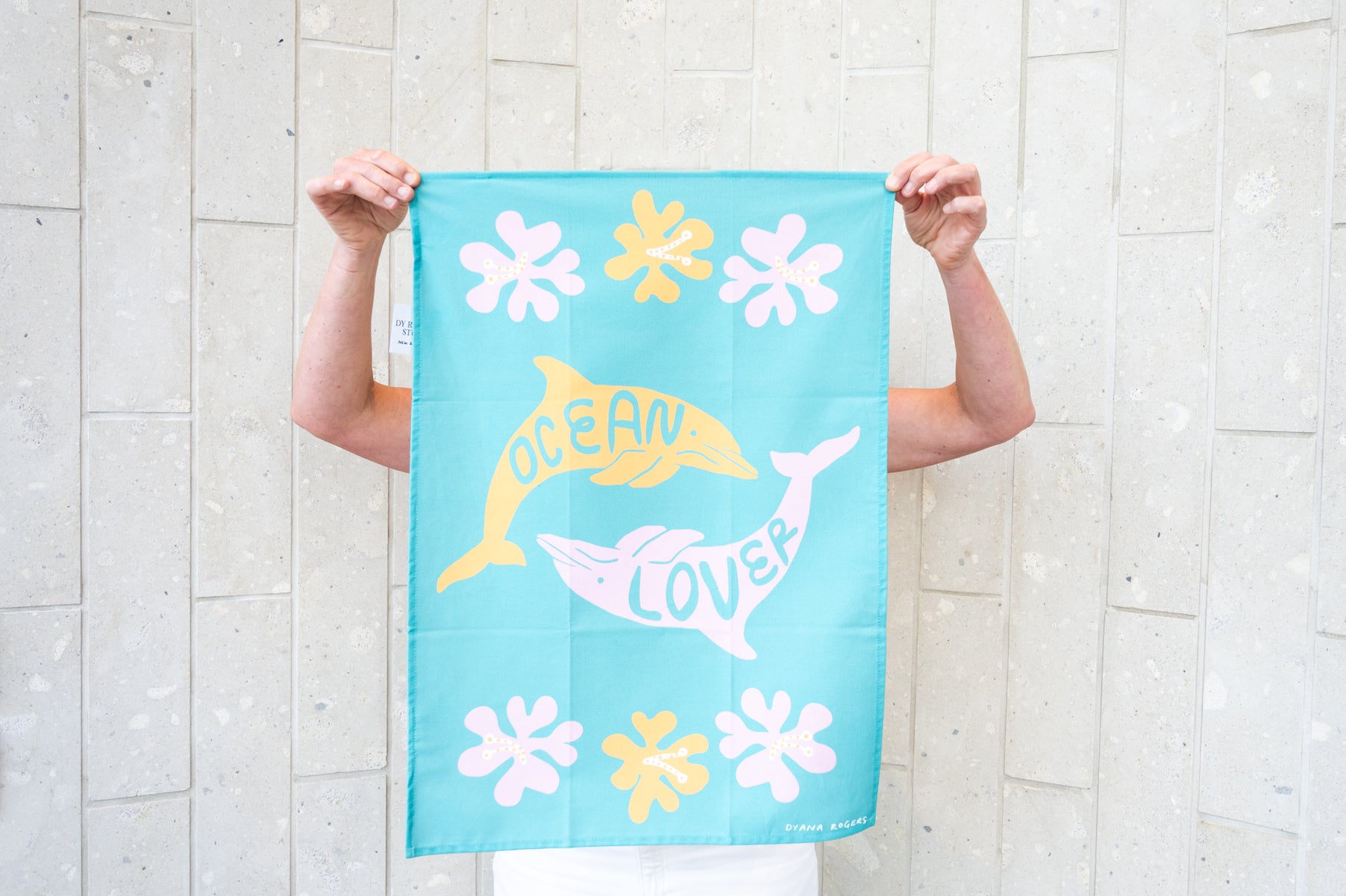 Dy Rogers Tea Towel Dolphins and Hibiscus