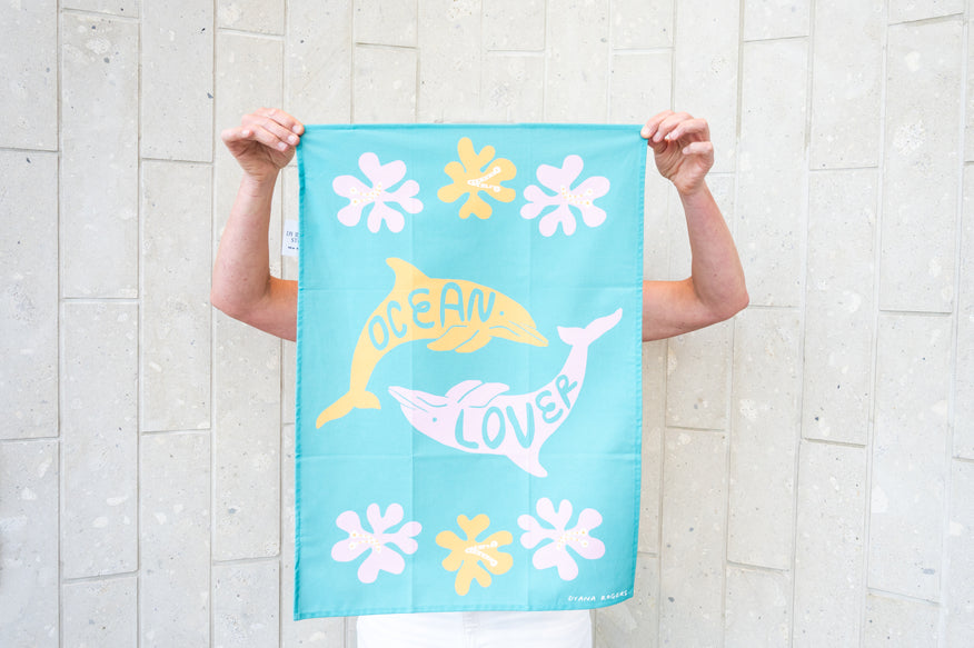 Dy Rogers Tea Towel Dolphins and Hibiscus